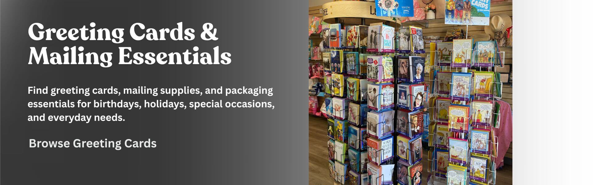Greeting cards and mailing supplies display in shipping store