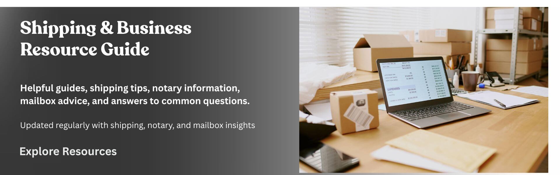 Shipping and business resource workspace with packaging and documents