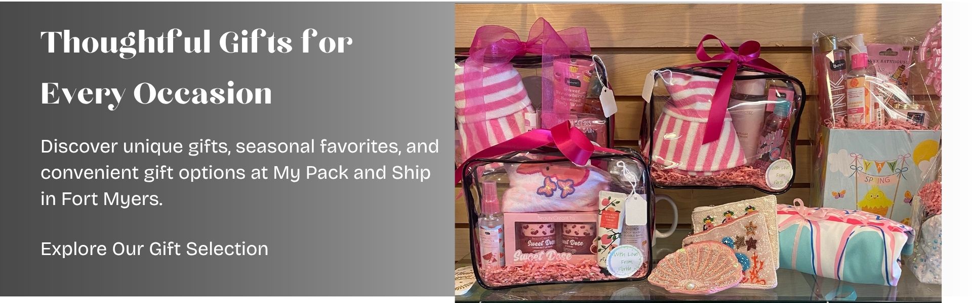 Unique gifts and seasonal items displayed at My Pack and Ship in Fort Myers